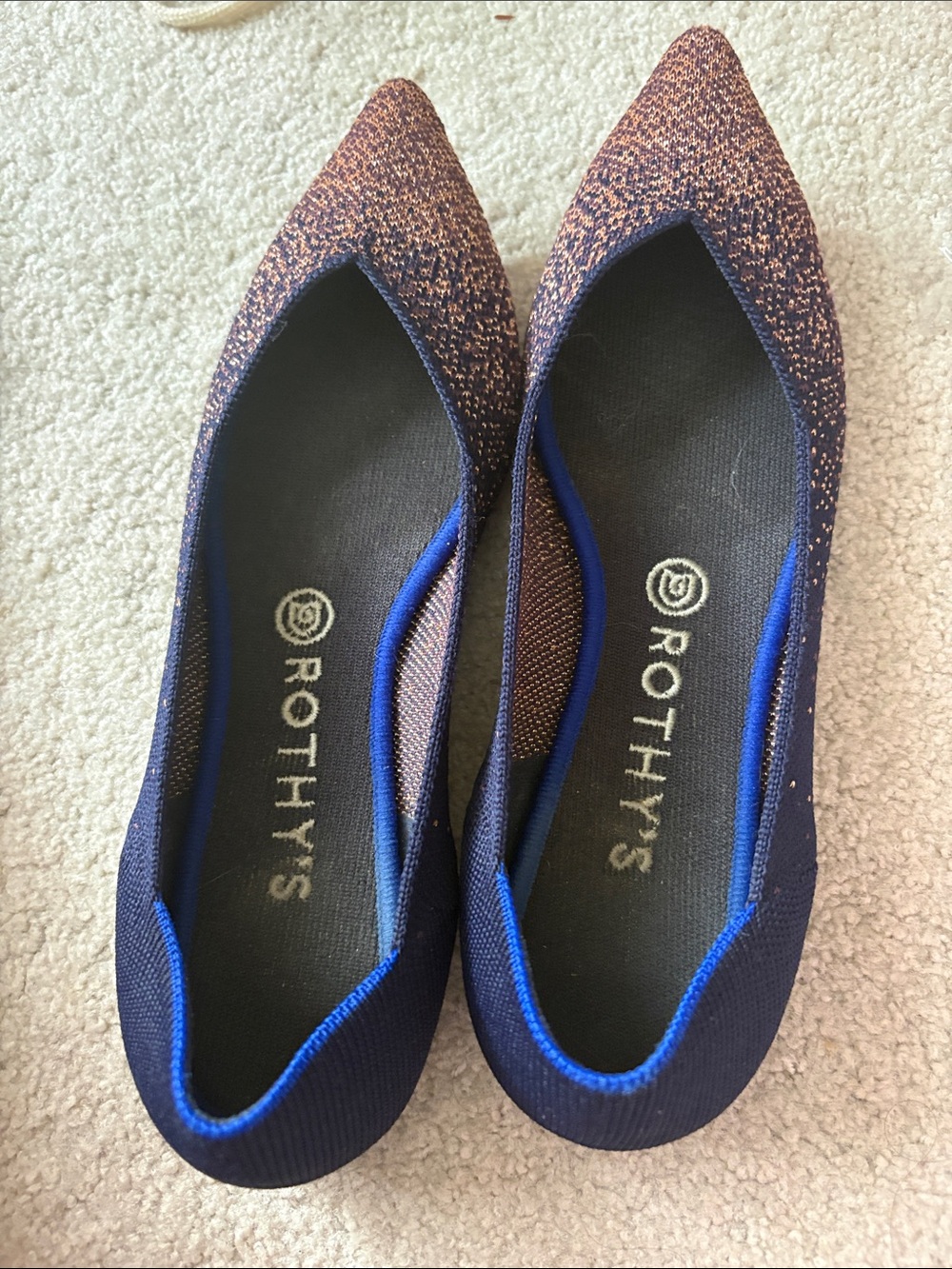 Rothys The Point Midnight Blue Metallic Pointed Toe Flats Size 9.5